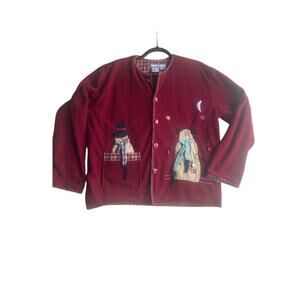 Take Two Women's M Vintage Corduroy Christmas Embroidered Snowman Jacket Red
